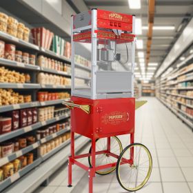 Commercial Popcorn Machine with Cart and 20-Ounce Kettle,Vintage-Style Popper on Wheels with Tempered Glass, Warming Deck