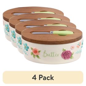 (4 pack) Painted Meadow Butter Dish with Acacia Wood Lid and Serving Knife