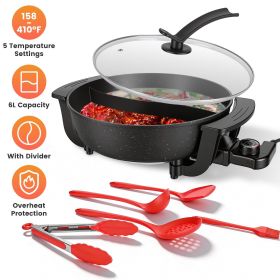 6L Electric Hot Pot with Divider 1100W Dual-Flavor Pot Shabu Shabu Pot Non-Stick with 5-Temp Control for Shabu Shabu Fondue Perfect for Family Ga (Color: Black)